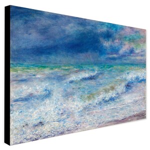 Peut inclure: Une peinture représentant un paysage maritime orageux avec des vagues bleues et blanches se brisant sur le rivage. Le ciel est bleu foncé avec des nuances de rose et de violet dans les nuages.