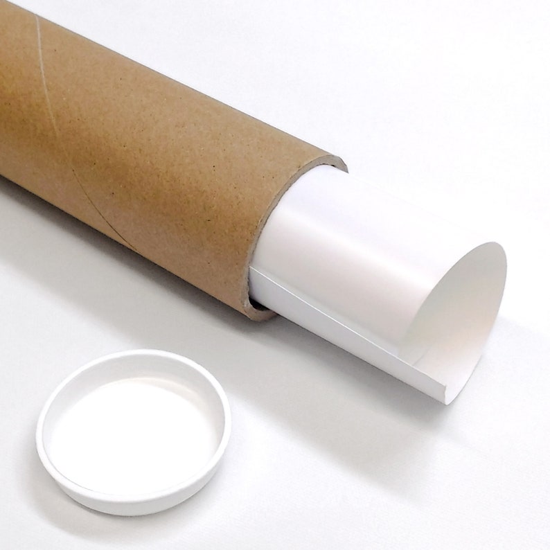 May include: A brown cardboard tube with a white paper roll inside. The tube is partially unrolled, revealing the white paper. A white plastic end cap is also visible.