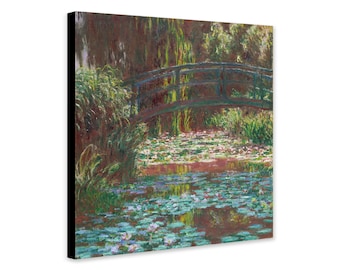 May include: A framed canvas print of a landscape painting featuring a wooden bridge over a pond filled with lily pads. The artwork has a soft, impressionistic style with a palette of greens, blues, and browns.