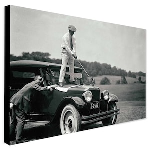 Golf Vintage Photo Golfer Hitting Ball From Car - Wrapped Frame Canvas - Rolled Canvas - Photo/Poster Print