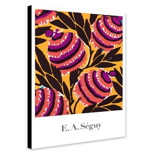 Könnte beinhalten: Ein farbenfroher abstrakter Druck mit stilisierten Blumen in Rosa-, Orange- und Lilatönen auf gelbem Hintergrund. Der Druck ist mit einem schwarzen Rahmen versehen und trägt die Unterschrift des Künstlers "E.A. Séguy".