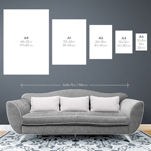 May include: A diagram showing the different sizes of paper, labeled A0, A1, A2, A3, and A4, with their corresponding dimensions in inches and centimeters. The diagram also shows a gray sofa with white pillows, measuring 75 inches or 190 centimeters in length.