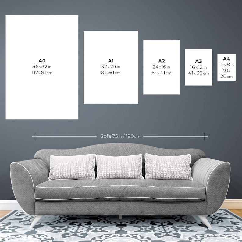 May include: A diagram showing the different sizes of paper, labeled A0, A1, A2, A3, and A4, with their corresponding dimensions in inches and centimeters. The diagram also shows a gray sofa with white pillows, measuring 75 inches or 190 centimeters in length.