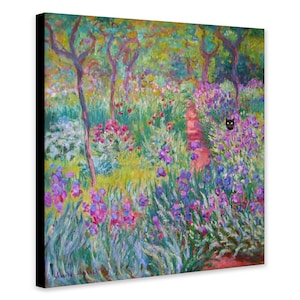 The Artist&#39;s Garden in Giverny by Claude Monet with Black Cat - Funny Wall Art - Wrapped Framed Canvas - Rolled Canvas - Photo/Poster Print