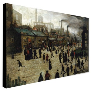 May include: A painting depicting a bustling street scene in a city, with industrial buildings in the background. The scene is painted in muted tones of grey, brown, and black, with a few splashes of colour in the clothing of the people. The painting captures the hustle and bustle of city life, with people walking, talking, and going about their daily routines.