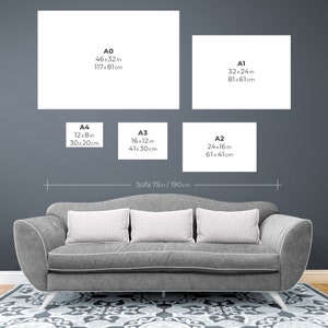 May include: A diagram showing the different sizes of paper, from A0 to A4, with measurements in inches and centimeters. The diagram also shows a sofa, which is 75 inches or 190 centimeters long.