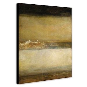 May include: Abstract painting with horizontal bands of brown, beige, and white. The painting has a soft, hazy effect, creating a sense of depth and distance.