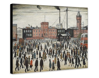 May include: A painting depicting a crowd of people walking past a factory and a red double-decker bus. The factory has a tall chimney and a clock tower. There is a blimp in the sky.
