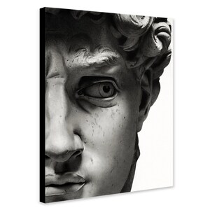 Peut inclure: Impression sur toile en noir et blanc représentant un gros plan du visage d'une sculpture classique. L'œil, le nez et la bouche de la sculpture sont visibles, avec des textures et des ombres détaillées. L'œuvre est montée sur un cadre noir.