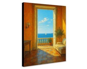May include: A canvas print of a sunlit interior with a view of the sea. The scene features an open doorway leading to a balcony overlooking the ocean, with a sailboat in the distance. The walls are orange, and the floor is tiled.