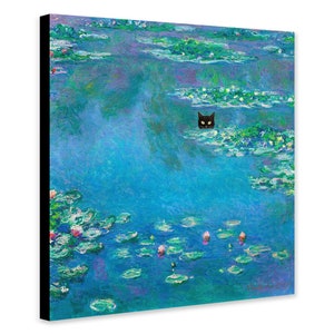 Monet Water Lillies with Black Cat Funny Wall Art - Wrapped Framed Canvas - Rolled Canvas - Photo/Poster Print