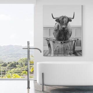 Stampa Su Tela 40x60 Cm – Mucca Delle Highlands Con Chitarra – Decorazione Parete Bagno O Salotto