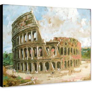 May include: A watercolour painting of the Colosseum in Rome, Italy. The painting depicts the ancient amphitheatre in a faded, vintage style with a cloudy sky in the background.