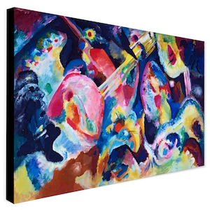Peut inclure: Impression d'art abstrait présentant une composition vibrante de formes et de couleurs. L'œuvre d'art met en valeur un jeu dynamique de bleus, de rouges, de jaunes et de roses, créant une pièce visuellement attrayante. La toile est tendue sur un cadre noir.