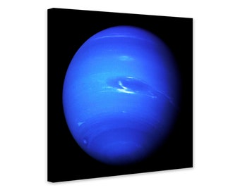 May include: A close-up image of the planet Neptune, a blue gas giant with white clouds and a dark background.