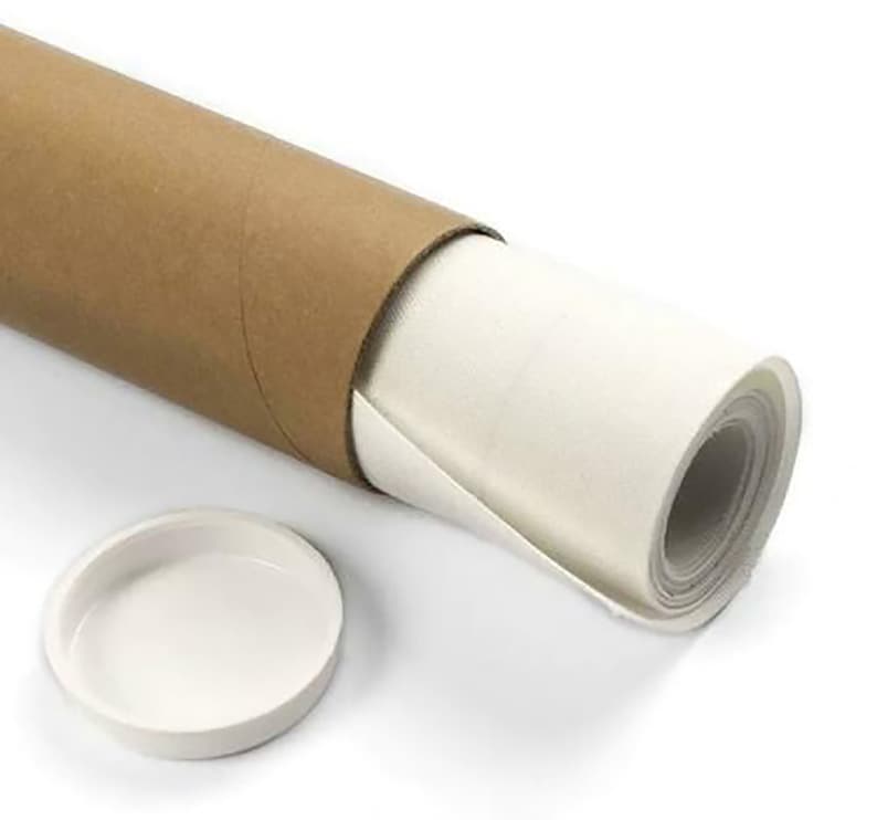 May include: A rolled canvas painting is packaged in a brown cardboard tube with a white plastic end cap.