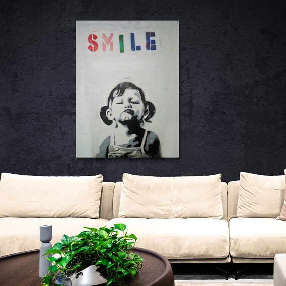 Banksy Smile Girl Street Art Graffiti - Wrapped Framed Canvas