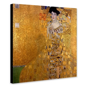 May include: A painting of a woman in a gold dress with a geometric pattern. The background is gold leaf with a textured surface.