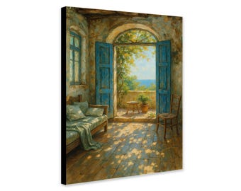 May include: An artistic canvas print depicts a sunlit interior with a view of the sea. The scene includes a wooden daybed with pillows, a chair, and open blue doors leading to a balcony. The walls are textured, and the floor is made of wooden planks.