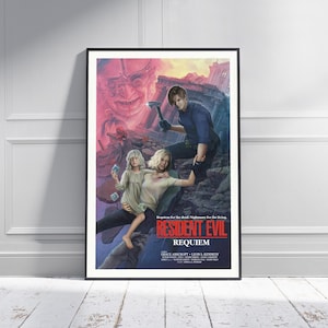 Könnte beinhalten: Gerahmtes Poster für "Resident Evil: Requiem" mit einer dramatischen Szene mit Charakteren und einer bedrohlichen Figur. Das Kunstwerk hat ein dunkles, actionorientiertes Thema mit Blau-, Rot- und Lilatönen. Das Poster enthält den Filmtitel und die Besetzung.