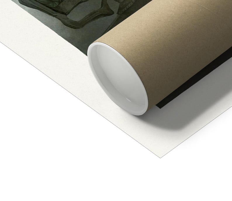 May include: A rolled up print of a black and white illustration of a skull with a crown on top. The print is rolled up in a brown cardboard tube.