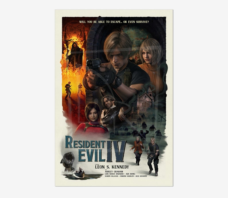 May include: Resident Evil IV poster featuring Leon S. Kennedy and Ashley Graham. The artwork depicts action scenes with characters and a fiery background. Text includes the game title and character names, with the tagline "Will you be able to escape... or even survive?"