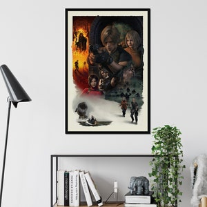 May include: A framed poster featuring a video game scene with multiple characters in a dark, action-packed setting. The artwork has a vintage, illustrated style with a mix of warm and cool tones. The poster is displayed on a white wall above a black shelf with books and decor.