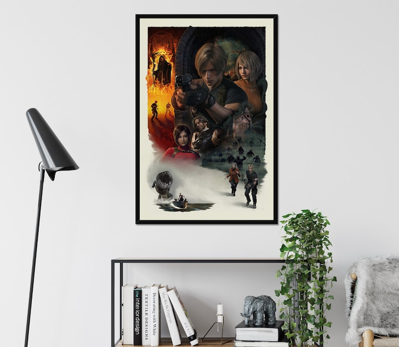 May include: A framed poster featuring a video game scene with multiple characters in a dark, action-packed setting. The artwork has a vintage, illustrated style with a mix of warm and cool tones. The poster is displayed on a white wall above a black shelf with books and decor.