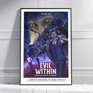 May include: A framed movie poster for The Evil Within featuring a central male figure in a blue vest and trench coat holding a handgun, with a large ghostly face above, a dark building, and the text The Evil Within Enter the Mind of a Madman.