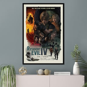 May include: A framed poster for Resident Evil IV. The artwork features characters from the game, including Leon S. Kennedy, set against a backdrop of a burning building and a zombie-filled landscape. The poster has the text "WILL YOU BE ABLE TO ESCAPE...OR EVEN SURVIVE?"