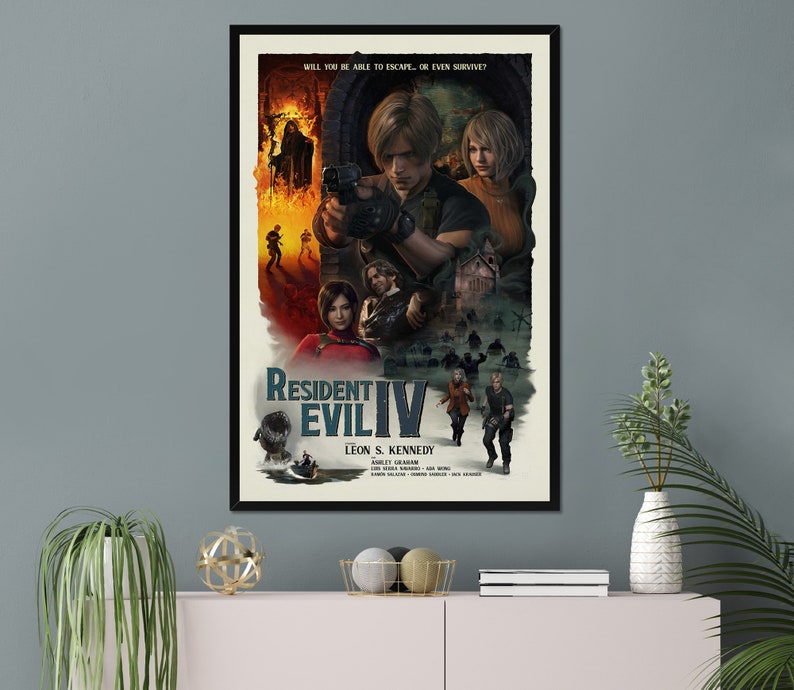May include: A framed poster for Resident Evil IV. The artwork features characters from the game, including Leon S. Kennedy, set against a backdrop of a burning building and a zombie-filled landscape. The poster has the text "WILL YOU BE ABLE TO ESCAPE...OR EVEN SURVIVE?"