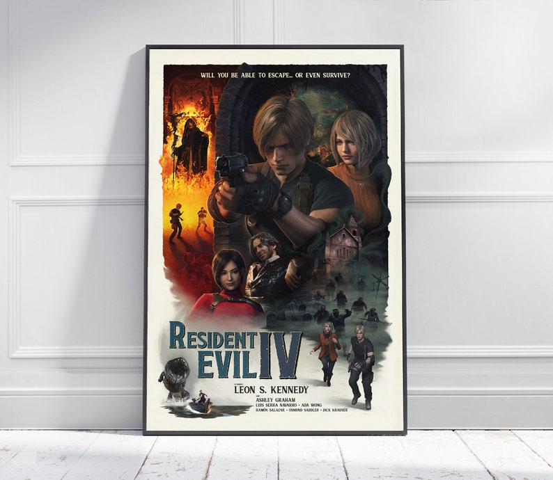 May include: A framed Resident Evil IV movie poster. The poster features a central image of a man holding a gun, surrounded by other characters and scenes from the game. The title and character names are displayed prominently.