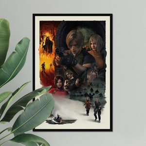 May include: A framed poster featuring a video game scene with several characters. The artwork depicts a man holding a gun, with other figures in the background, including a woman and zombies. The color palette includes shades of red, orange, and brown.