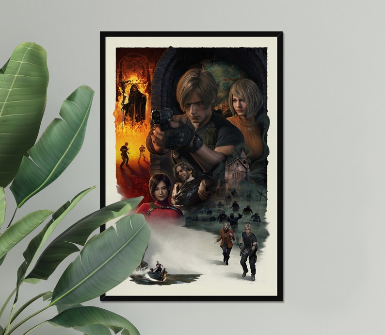 May include: A framed poster featuring a video game scene with several characters. The artwork depicts a man holding a gun, with other figures in the background, including a woman and zombies. The color palette includes shades of red, orange, and brown.