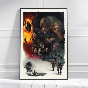 May include: A framed poster featuring a detailed illustration with a dark, action-packed theme. The artwork depicts several characters in a dramatic scene with a fiery background and a sense of peril. The poster is set against a white wall.