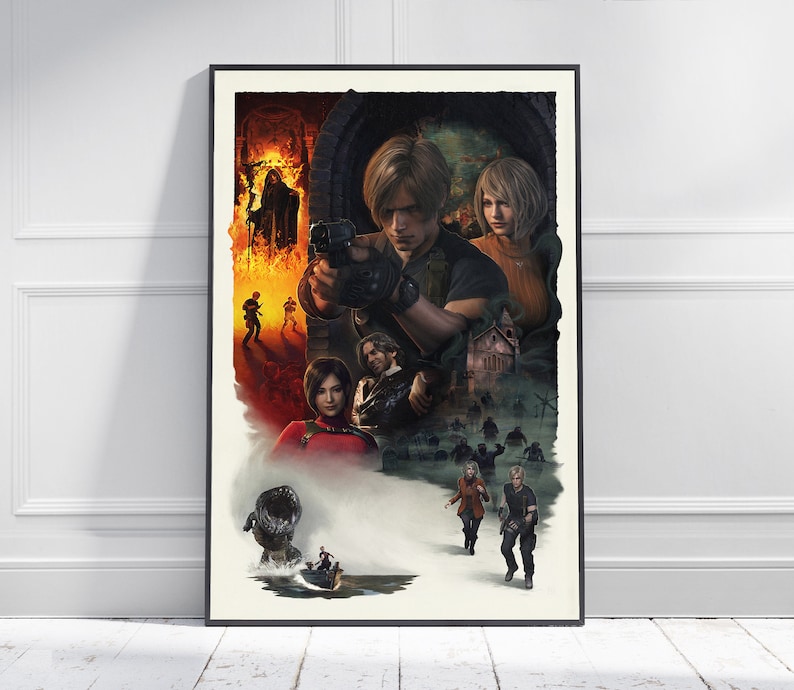 May include: A framed poster featuring a detailed illustration with a dark, action-packed theme. The artwork depicts several characters in a dramatic scene with a fiery background and a sense of peril. The poster is set against a white wall.