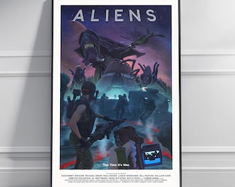 May include: A framed movie poster for Aliens featuring a large alien creature looming over soldiers in a dark, purple-toned landscape. The title ALIENS is printed in white at the top, with the text This Time It's War and cast credits at the bottom.
