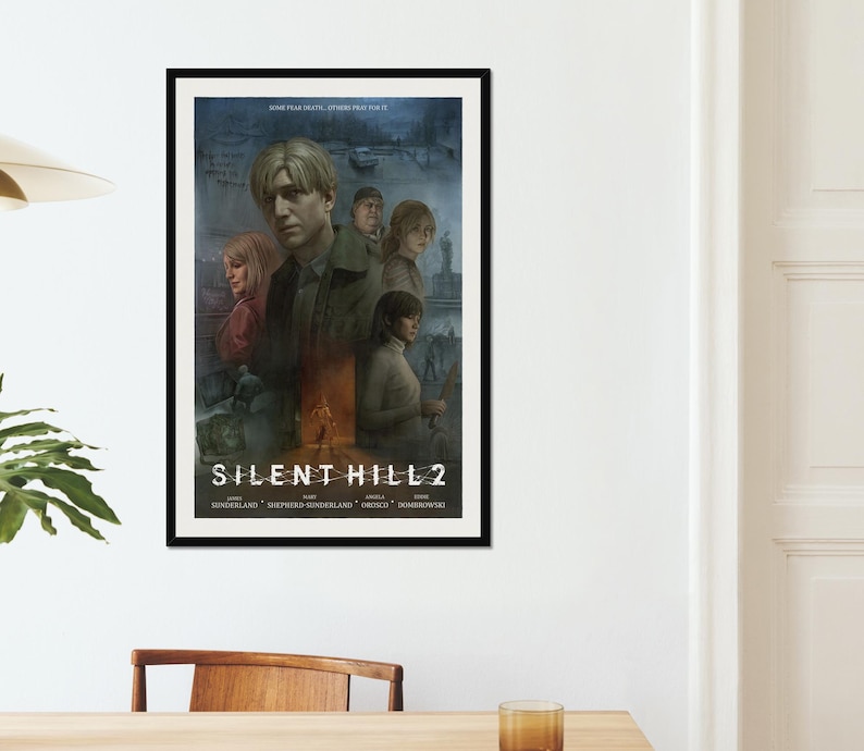 May include: A poster for the video game Silent Hill 2. The poster features a group of characters from the game, including James Sunderland, Mary Shepherd-Sunderland, Angela Orosco, and Eddie Dombrowski. The poster is set against a dark and atmospheric background.