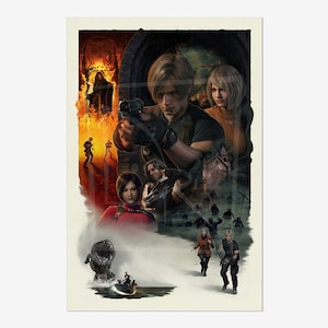 May include: A poster featuring multiple characters from a video game. The central figure is a man aiming a gun. Other characters include a woman in a red top, and figures running in the background. The artwork has a vintage, illustrated style with a dark color palette.