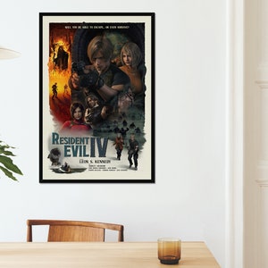 May include: A framed poster for Resident Evil IV, featuring Leon S. Kennedy and other characters. The artwork has a vintage style with a dark color palette, showcasing action scenes and the game's title.