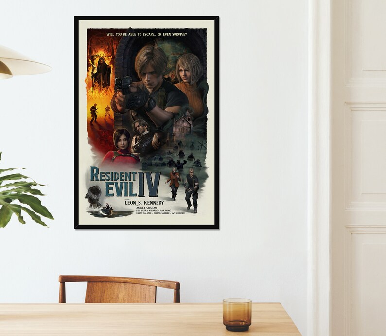 May include: A framed poster for Resident Evil IV, featuring Leon S. Kennedy and other characters. The artwork has a vintage style with a dark color palette, showcasing action scenes and the game's title.