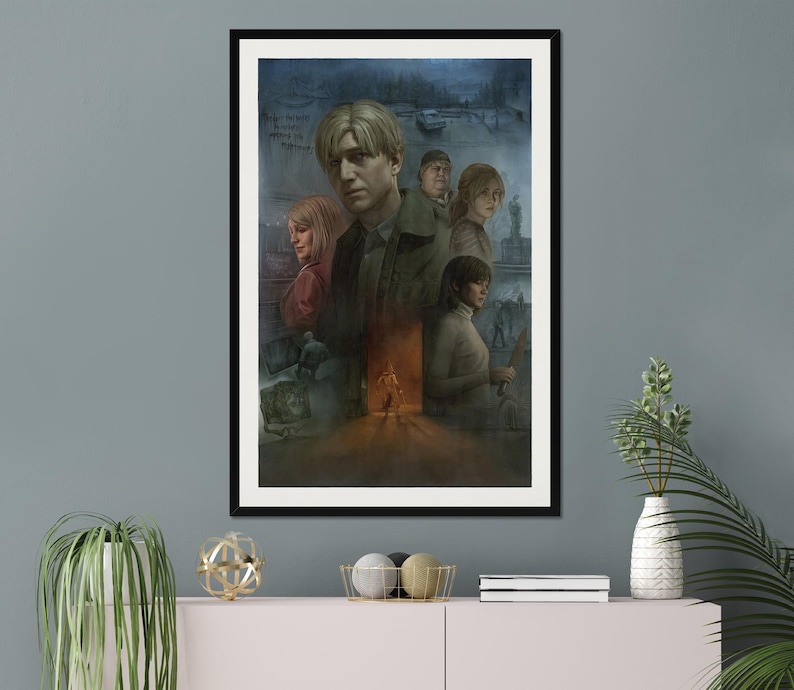 May include: A framed poster featuring a group of people in a dimly lit setting. The poster has a vintage feel and features a group of people with a mysterious and suspenseful atmosphere.