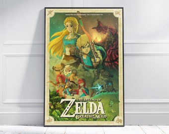 Könnte beinhalten: Ein vertikales Poster mit dem Artwork von The Legend of Zelda: Breath of the Wild. Die Illustration zeigt Link mit einem Bogen, Prinzessin Zelda und verschiedene Charaktere vor einem grünen und dunklen Hintergrund mit dem Spieletitel unten.