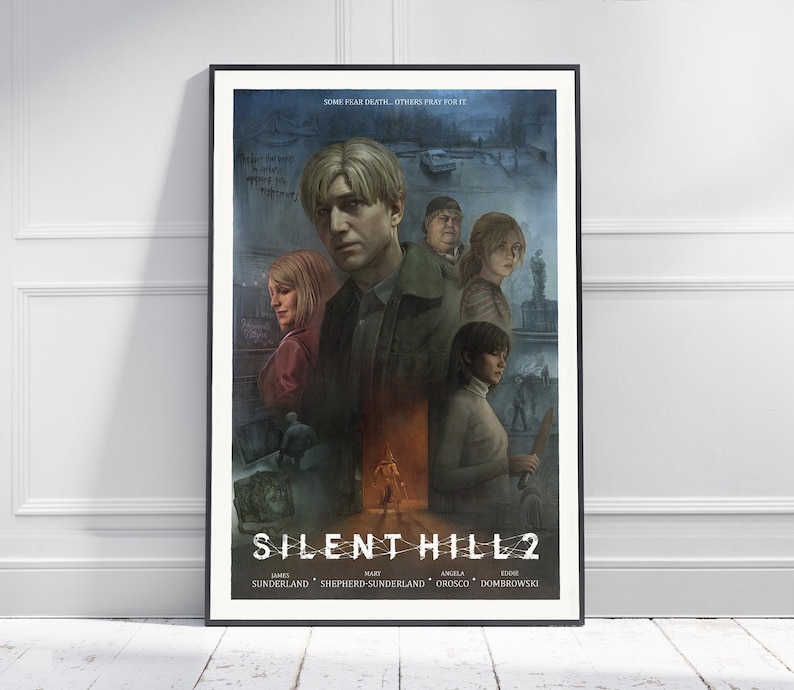 May include: A poster for the video game Silent Hill 2, featuring a group of characters in a dark and mysterious setting. The text on the poster reads "Silent Hill 2" and lists the names of the game's creators.