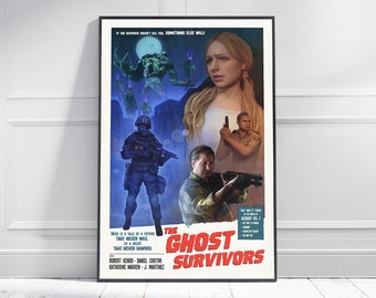 Könnte beinhalten: Ein Retro-Filmplakat für einen Horrorfilm mit dem Titel "The Ghost Survivors". Das Plakat zeigt eine Gruppe von Menschen in einer dunklen, urbanen Umgebung mit einer großen, schattenhaften Kreatur im Hintergrund. Der Text auf dem Plakat lautet "The Ghost Survivors" und enthält die Namen der Schauspieler und den Slogan "Wenn die Spannung dich nicht tötet, wird es etwas anderes tun!"