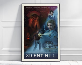 Könnte beinhalten: Ein Retro-Filmplakat für den Horrorfilm "Silent Hill". Das Plakat zeigt ein dunkelblaues und rotes Farbschema mit Bildern von Charakteren aus dem Film, darunter eine Frau mit einer Waffe, ein Mann mit einem Stock und eine Frau mit den Händen im Gesicht. Der Text "Every town has its secrets. Some are just darker than others." ist am unteren Rand des Plakats gedruckt.