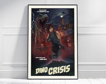 Könnte beinhalten: Ein Retro-Poster für ein fiktives Videospiel namens "Dino Crisis". Das Poster zeigt eine dunkle Dschungelszene mit einem großen Tyrannosaurus Rex, einer Frau mit einer Waffe und einem Mann mit einem Gewehr. Der Text "Dino Crisis" steht in großen, fetten Buchstaben am unteren Rand des Posters.