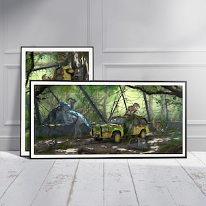 May include: A framed horizontal art print depicting a jungle scene with a weathered yellow and green SUV, several dinosaurs including a blue-skinned creature, and a small winged reptile perched on the vehicle roof, all set within a dense forest.