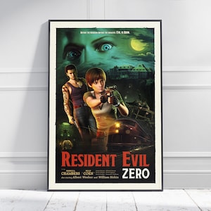 Op de afbeelding: Een retro-poster voor het videospel Resident Evil Zero. De poster heeft een donkergroen en bruin kleurenschema met een schaduwfiguur op de achtergrond. De tekst op de poster luidt "Resident Evil Zero" en bevat de namen van de personages Rebecca Chambers en Billy Coen.
