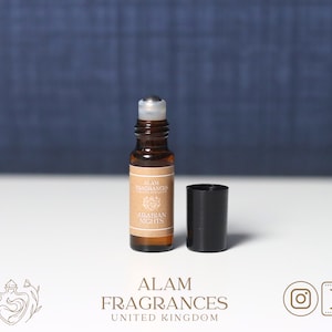 Arabian Nights marki Alam Fragrances UK | Olejek attarowy najwyższej jakości | Bez alkoholu | Bez dodatku chemikaliów | Wegański i nietestowany na zwierzętach.